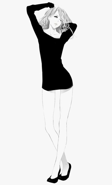 Аниме картинка 1000x1650 с оригинальное изображение sousou (sousouworks) один (одна) длинные волосы высокое изображение чёлка простой фон стоя белый фон всё тело чёрные глаза поправка волос монохромное девушка обувь