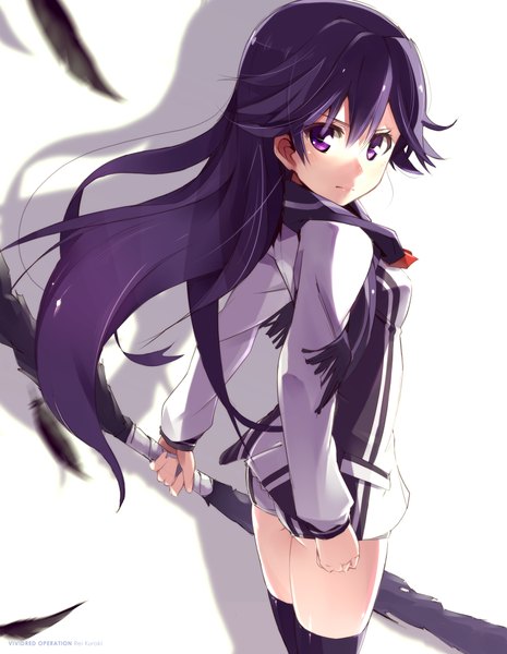 Anime picture 1500x1936 with vividred operation kuroki rei pmpmpm single long hair tall image looking at viewer fringe breasts simple background white background purple eyes purple hair angel wings black wings girl uniform weapon school uniform wings