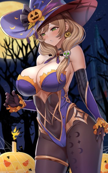 Anime picture 2500x4000 with genshin impact mona megistus lisa (genshin impact) piukute062 single long hair tall image blush fringe highres breasts light erotic brown hair large breasts standing green eyes payot looking away cleavage outdoors