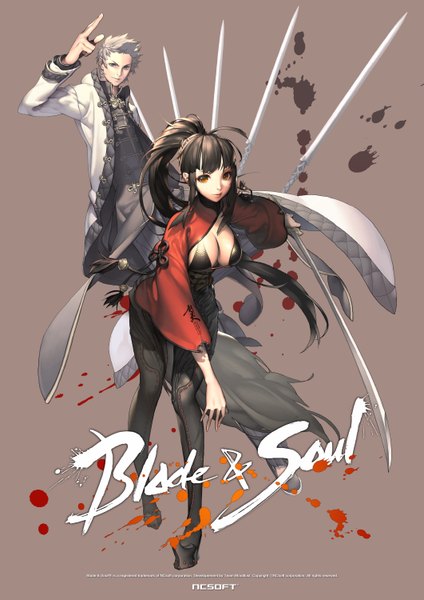 Anime picture 4242x6000 with blade & soul long hair tall image fringe highres breasts light erotic black hair simple background brown eyes green eyes absurdres cleavage silver hair ponytail inscription girl boy weapon pantyhose