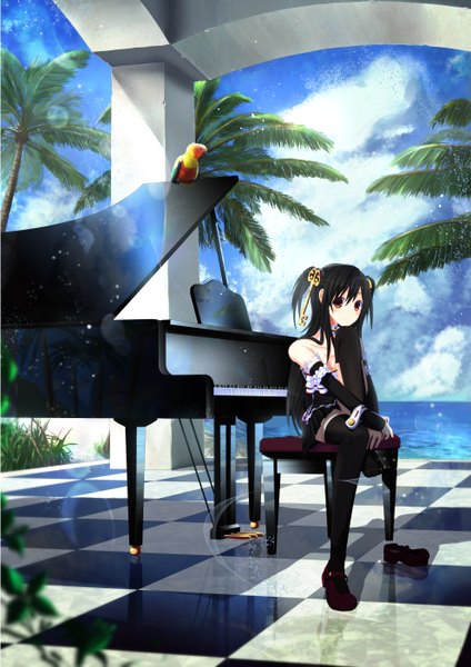 Anime picture 992x1404 with original tsukamoto rin lchiro long hair tall image looking at viewer fringe black hair smile red eyes sitting twintails bare shoulders bent knee (knees) sunlight reflection checkered floor floor leg hug girl thighhighs