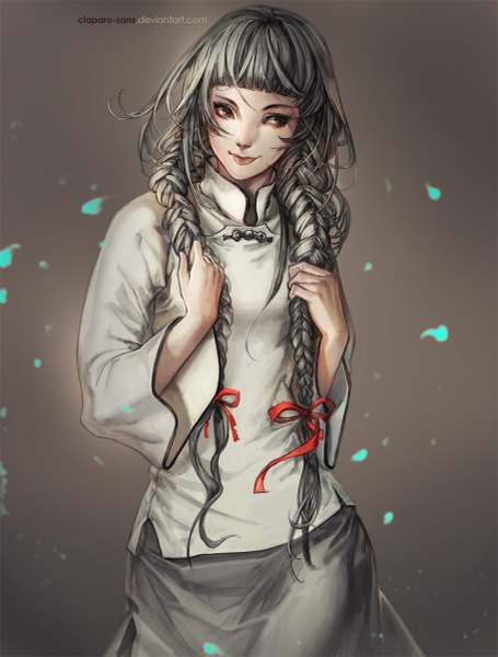 Anime picture 911x1200 with original claparo-sans single long hair tall image fringe simple background smile standing holding signed looking away braid (braids) long sleeves grey hair grey background wide sleeves grey eyes twin braids girl