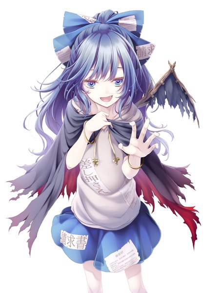 Anime picture 700x1000 with touhou yorigami shion midorino eni single long hair tall image looking at viewer open mouth blue eyes simple background white background blue hair from above halloween outstretched hand girl skirt bow hair bow cape