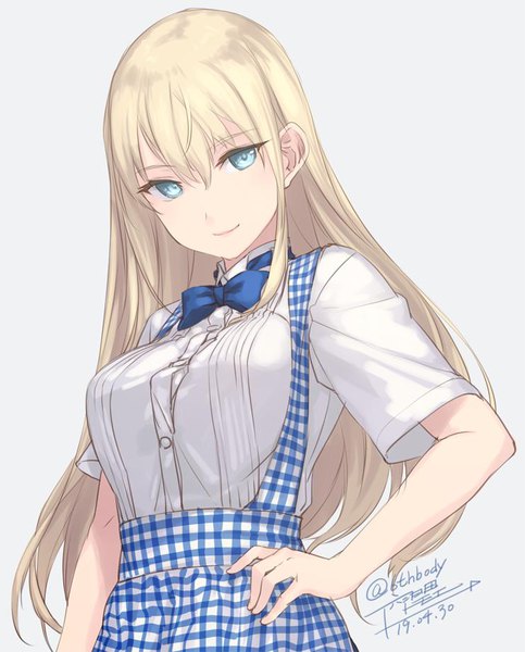 Anime picture 741x920 with kantai collection bismarck battleship rokuwata tomoe single long hair tall image looking at viewer fringe blue eyes simple background blonde hair smile hair between eyes signed hand on hip twitter username dated girl uniform bowtie