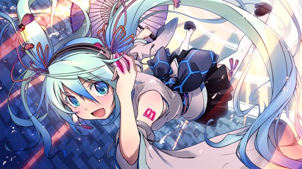 Anime picture 1920x1080 with vocaloid hatsune miku long hair highres open mouth blue eyes wide image twintails bare shoulders aqua hair girl thighhighs detached sleeves white thighhighs headphones