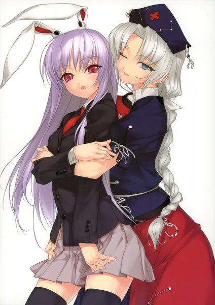 Anime picture 2371x3356 with touhou reisen udongein inaba yagokoro eirin rokuwata tomoe long hair tall image highres light erotic simple background red eyes white background multiple girls purple hair white hair one eye closed wink grey eyes bunny ears hug single braid