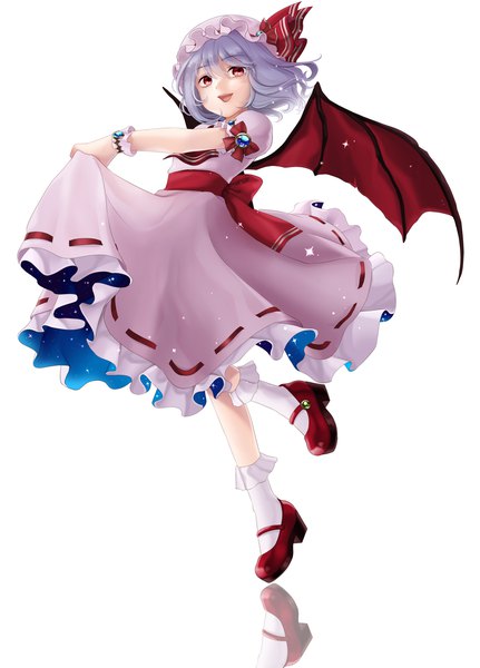 Anime picture 1485x2065 with touhou remilia scarlet gotoh510 single tall image looking at viewer short hair open mouth simple background smile red eyes standing white background purple hair full body sparkle short sleeves puffy sleeves standing on one leg reflection