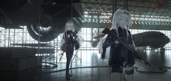Anime picture 6336x3000 with girls frontline ak-12 (girls frontline) an-94 (girls frontline) even (even yiwen) long hair looking at viewer fringe highres blue eyes hair between eyes wide image standing multiple girls holding payot absurdres silver hair full body indoors eyes closed