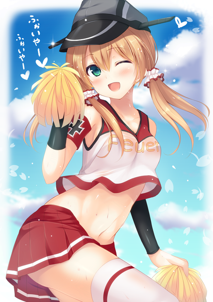 Anime picture 723x1023 with kantai collection prinz eugen (kantai collection) tomoo (tomo) single long hair tall image blush open mouth light erotic blonde hair smile twintails green eyes sky cloud (clouds) pleated skirt one eye closed wink midriff cheerleader