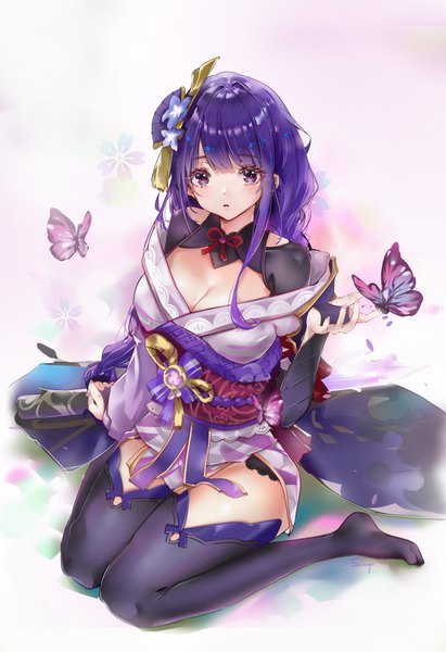 Anime picture 2161x3155 with genshin impact raiden shogun scup single long hair tall image highres breasts light erotic large breasts sitting purple eyes cleavage purple hair traditional clothes japanese clothes from above no shoes wariza butterfly on hand
