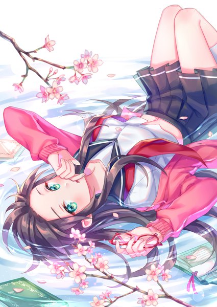 Anime picture 1500x2118 with original zoff (daria) single long hair tall image looking at viewer blush open mouth brown hair holding green eyes payot bent knee (knees) lying pleated skirt :o midriff on back partially submerged cherry blossoms