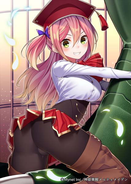Anime picture 711x1000 with original ray-akila single long hair tall image blush light erotic smile green eyes pink hair ass girl hat pantyhose boots thigh boots