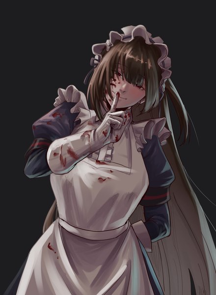 Anime picture 2200x3000 with last origin scissors lise dryseaweed single tall image looking at viewer fringe highres simple background hair between eyes red eyes brown hair blunt bangs very long hair maid finger to mouth black background arm behind back blood on face bloody clothes