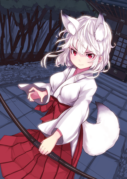 Anime picture 800x1130 with original nosuku single tall image looking at viewer blush fringe short hair standing holding animal ears white hair tail traditional clothes japanese clothes animal tail pink eyes wind night fox ears
