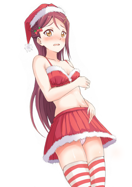 Anime picture 724x1024 with love live! sunshine!! sunrise (studio) love live! sakurauchi riko aranami shibuki single long hair tall image looking at viewer blush fringe breasts open mouth light erotic simple background hair between eyes standing white background bare shoulders yellow eyes