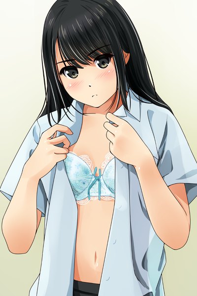 Anime picture 800x1200 with original matsunaga kouyou single long hair tall image looking at viewer blush light erotic black hair upper body head tilt black eyes open shirt lace-trimmed bra girl navel shirt lingerie bra bow bra