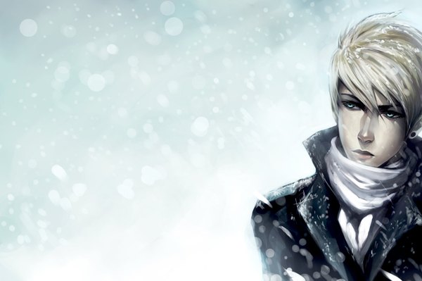 Аниме картинка 1280x853 с оригинальное изображение ninjatic один (одна) короткие волосы голубые глаза светлые волосы смотрит в сторону ветер снегопад зима мужчина куртка шарф пальто