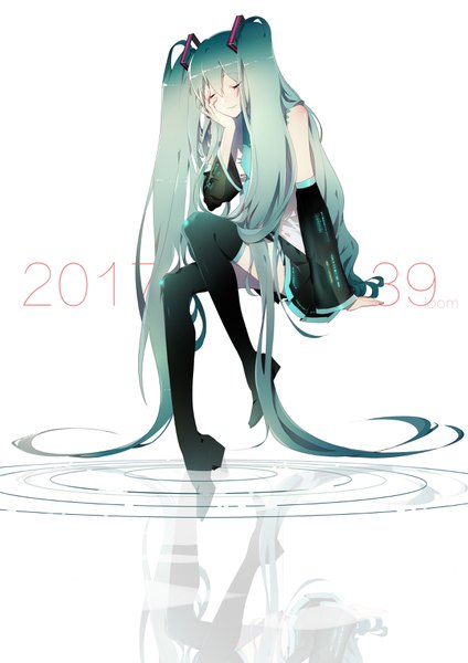Anime picture 2480x3507 with vocaloid hatsune miku zhibuji loom single tall image fringe highres simple background hair between eyes white background sitting twintails full body very long hair green hair arm support reflection hand on cheek ripples 2017