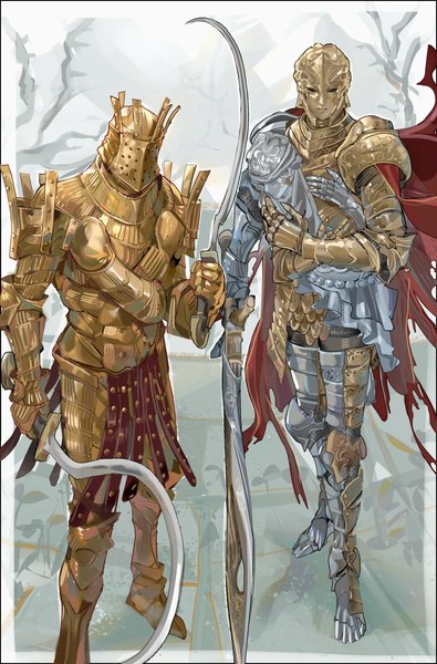 Anime picture 2686x4082 with elden ring dark souls (series) dark souls from software d hunter of the dead knight lautrec of carim nslacka tall image looking at viewer highres standing holding full body multiple boys dual wielding boy weapon sword armor 2 boys