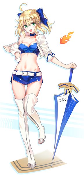 Anime picture 1000x2071 with fate (series) artoria pendragon (all) saber youta single tall image looking at viewer fringe short hair blonde hair hair between eyes standing holding green eyes full body ahoge ponytail off shoulder bare belly :o