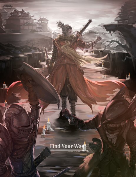 Anime picture 900x1170 with dark souls (series) sekiro: shadows die twice dark souls from software sekiro hunter (bloodborne) chosen undead asc11 tall image short hair black hair blonde hair holding signed outdoors ponytail looking back arm up multiple boys text