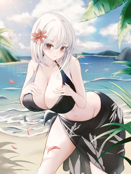 Anime picture 4500x6000 with original zeka massi single tall image looking at viewer fringe highres short hair breasts light erotic hair between eyes brown eyes absurdres sky cloud (clouds) outdoors white hair head tilt hair flower sunlight