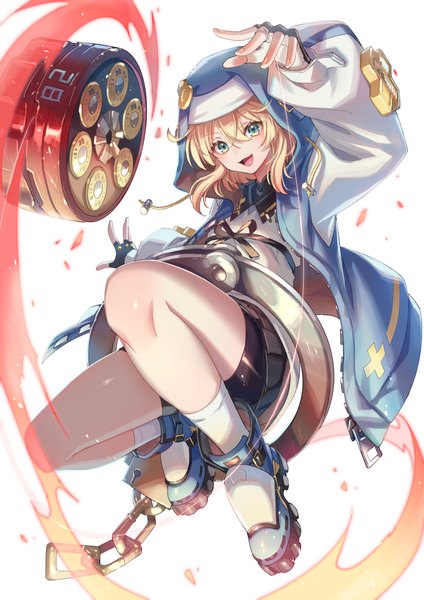 Anime picture 1768x2500 with guilty gear guilty gear strive bridget (guilty gear) zoff (daria) single tall image fringe highres short hair open mouth blonde hair hair between eyes white background green eyes full body :d open jacket jumping otoko no ko boy