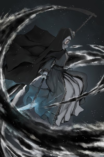 Anime picture 700x1050 with dark souls (series) dark souls dark souls 3 from software sister friede chuan huo ji single tall image simple background holding full body dark background dual wielding covering eye (eyes) nun girl dress weapon scythe habit