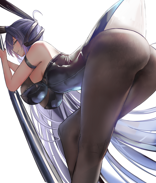 Anime picture 1500x1750 with azur lane new jersey (azur lane) new jersey (exhilarating steps!) (azur lane) liaowen single tall image looking at viewer fringe breasts blue eyes light erotic smile large breasts holding animal ears blue hair very long hair parted lips high heels bunny ears