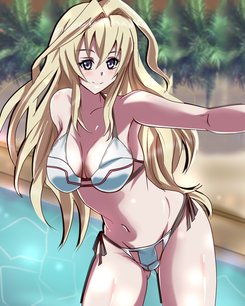 Anime-Bild 800x1000 mit gakusen toshi asterisk claudia enfield tranquilizer (bestcenter) single long hair tall image looking at viewer blush fringe breasts blue eyes light erotic blonde hair smile hair between eyes large breasts standing payot outdoors leaning