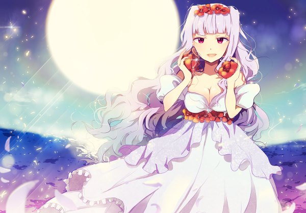 Anime picture 1200x834 with idolmaster shijou takane mmyk81 single long hair open mouth smile purple eyes bare shoulders white hair hair flower girl dress flower (flowers) earrings petals white dress moon full moon