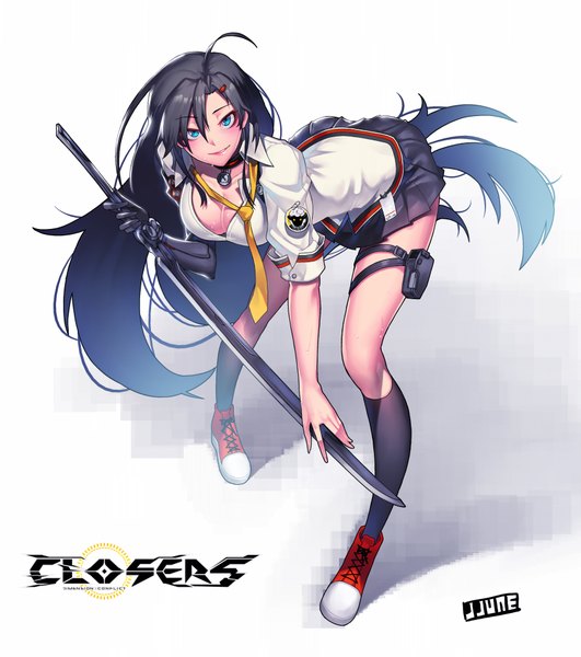 Anime picture 1723x1946 with closers j (closers) jjune single tall image looking at viewer blush highres blue eyes black hair smile white background cleavage very long hair girl skirt weapon miniskirt sword socks