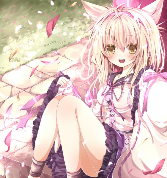 Anime picture 1199x1280 with touhou toyosatomimi no miko nanase nao single tall image looking at viewer blush short hair open mouth blonde hair sitting animal ears yellow eyes girl dress petals frills headphones