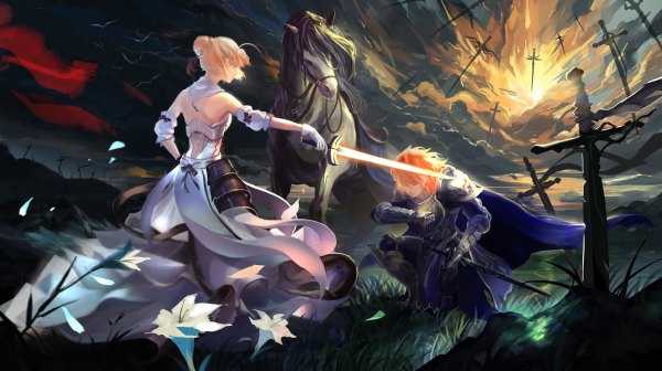 Anime picture 4800x2688 with fate (series) fate/stay night type-moon artoria pendragon (all) saber emiya shirou ice (artist) fringe highres short hair breasts blue eyes blonde hair wide image standing holding absurdres sky ahoge bent knee (knees)