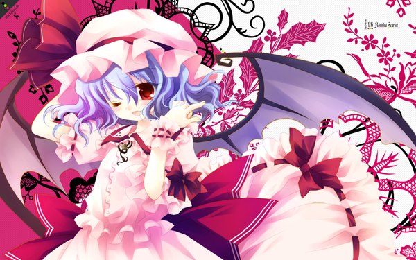 Anime picture 1920x1200 with touhou remilia scarlet hiiragi ryou single highres red eyes wide image blue hair character names girl wings