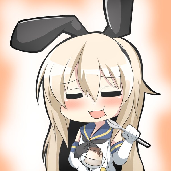 Anime picture 1000x1000 with kantai collection shimakaze destroyer tebukuro single long hair blush open mouth simple background blonde hair eyes closed food in mouth food on face girl gloves hair ornament ribbon (ribbons) hair ribbon elbow gloves food white gloves