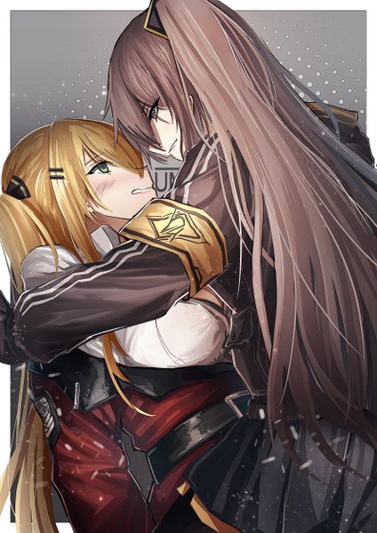 Anime picture 3541x5016 with girls frontline ump45 (girls frontline) kalina (girls frontline) haguruma (hagurumali) long hair tall image blush fringe highres breasts blonde hair smile brown hair standing twintails multiple girls green eyes absurdres hair over one eye border