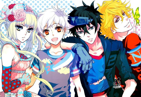 Anime picture 1280x884 with karneval gareki (karneval) yogi (karneval) nai (karneval) tsukumo (karneval) mikanagi touya long hair looking at viewer open mouth blue eyes black hair blonde hair smile twintails brown eyes white hair hair flower open clothes open jacket grey eyes