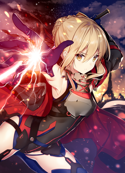 Anime picture 600x824 with fate (series) fate/grand order artoria pendragon (all) mysterious heroine x (alter) (fate) necomi (gussan) single tall image looking at viewer short hair light erotic blonde hair yellow eyes cloud (clouds) night sparkle armpit (armpits) night sky magic fighting stance serious