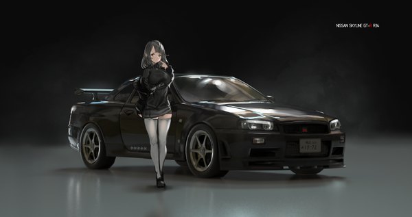 Anime picture 2929x1552 with original nissan renatus z single looking at viewer blush fringe highres short hair black hair simple background wide image standing brown eyes full body arm up off shoulder open jacket shadow copyright name
