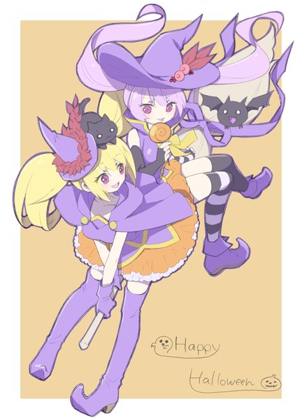 Anime picture 1172x1628 with original xxsaakoxx long hair tall image open mouth simple background blonde hair purple eyes twintails multiple girls purple hair full body :d text border halloween flying english outside border witch