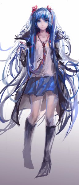 Anime picture 1000x2333 with vocaloid hatsune miku kinven single long hair tall image looking at viewer blush breasts blue eyes smile twintails holding blue hair open clothes flat chest girl skirt hair ornament shirt