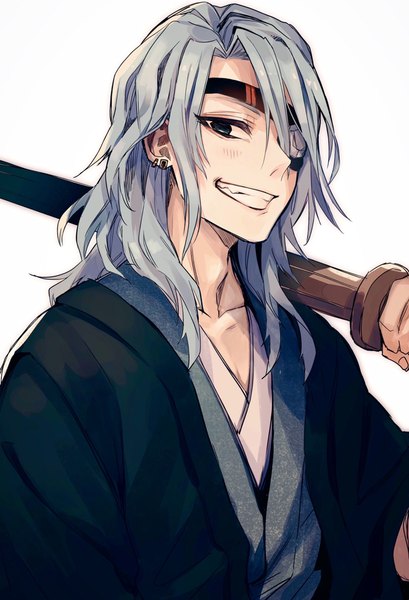 Anime picture 750x1100 with kimetsu no yaiba ufotable uzui tengen remon (10112) single long hair tall image black hair simple background smile white background upper body traditional clothes japanese clothes grey hair teeth grin piercing ear piercing weapon over shoulder