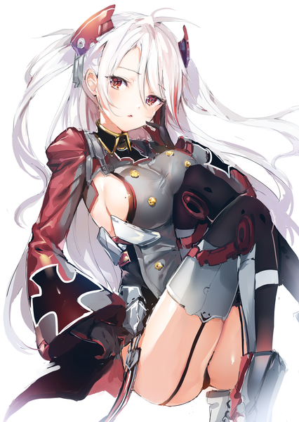 Anime picture 2631x3702 with azur lane prinz eugen (azur lane) umibouzu (niito) single long hair tall image looking at viewer blush fringe highres breasts open mouth light erotic simple background hair between eyes red eyes large breasts white background sitting ahoge