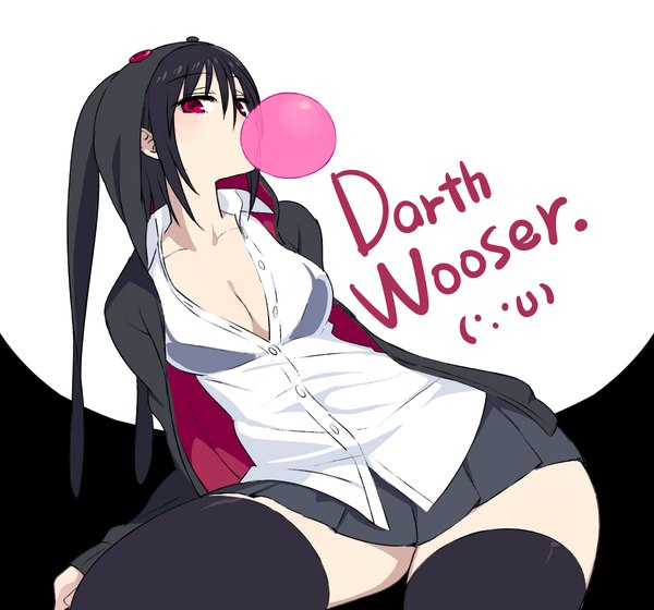 Anime-Bild 1200x1120 mit wooser no sono higurashi darth wooser chan co single looking at viewer short hair breasts light erotic black hair red eyes white background cleavage pleated skirt open clothes character names partially open clothes animal hood bubble blowing girl thighhighs