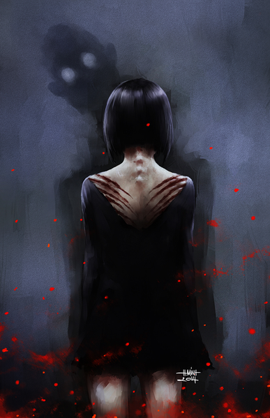 Anime picture 700x1086 with original nanfe tall image short hair black hair signed inscription grey background back pale skin silhouette injury girl dress black dress blood short dress
