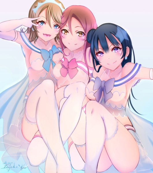 Anime picture 1325x1500 with love live! sunshine!! sunrise (studio) love live! sakurauchi riko tsushima yoshiko watanabe you furisode (pixilvina) long hair tall image blush fringe breasts blue eyes light erotic smile hair between eyes brown hair large breasts purple eyes multiple girls