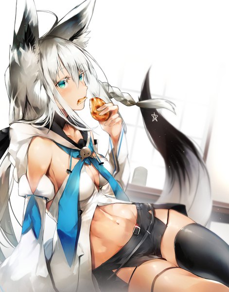 Anime picture 1303x1660 with virtual youtuber hololive shirakami fubuki shirakami fubuki (1st costume) nishiide kengorou single long hair tall image blush fringe breasts blue eyes light erotic simple background hair between eyes white background animal ears silver hair tail braid (braids)