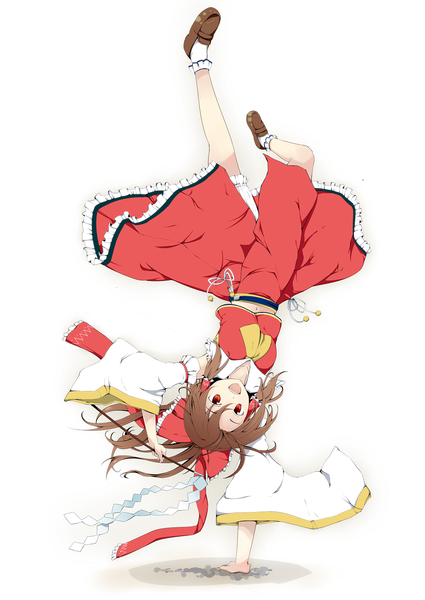 Anime picture 1000x1412 with touhou hakurei reimu hidaka kouyou single long hair tall image open mouth simple background red eyes brown hair white background miko upside down girl skirt bow hair bow detached sleeves frills skirt set