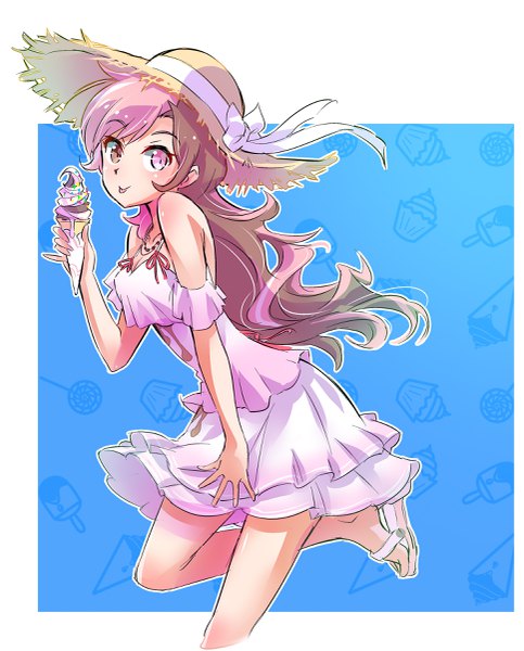 Anime picture 1935x2400 with rwby rooster teeth neopolitan (rwby) iesupa single long hair tall image looking at viewer highres breasts simple background smile brown hair brown eyes pink hair cleavage pink eyes multicolored hair wind alternate costume